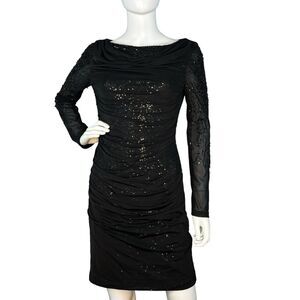 Belle Badgley Mischka Size 4 Dress Sequin Mesh Cowl Neck Black Gothic Glam